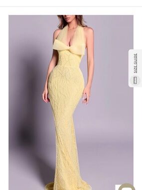 One-Shoulder Yellow Halter Gown with Bow Detail